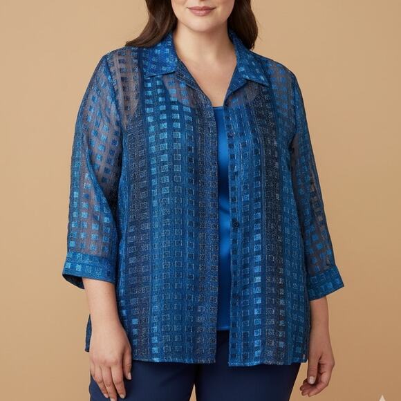 Vintage 90s Sheer Blue Metallic Check Plaid Button Up Blouse Shirt Top 1X - Picture 1 of 14